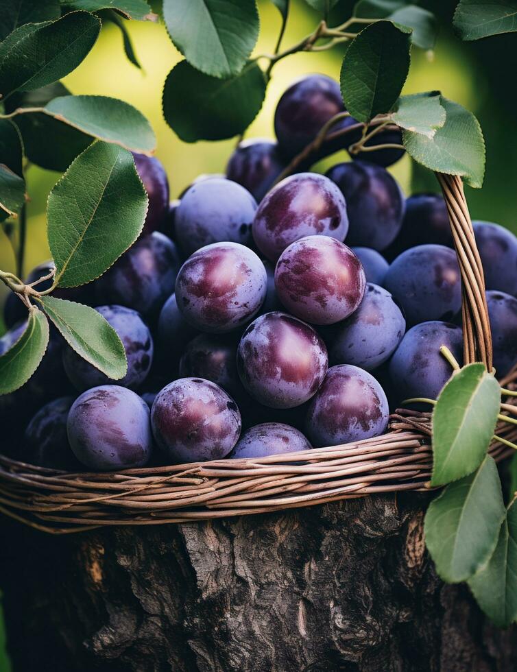 AI generated ripe plums in basket on tree, dark purple, photo