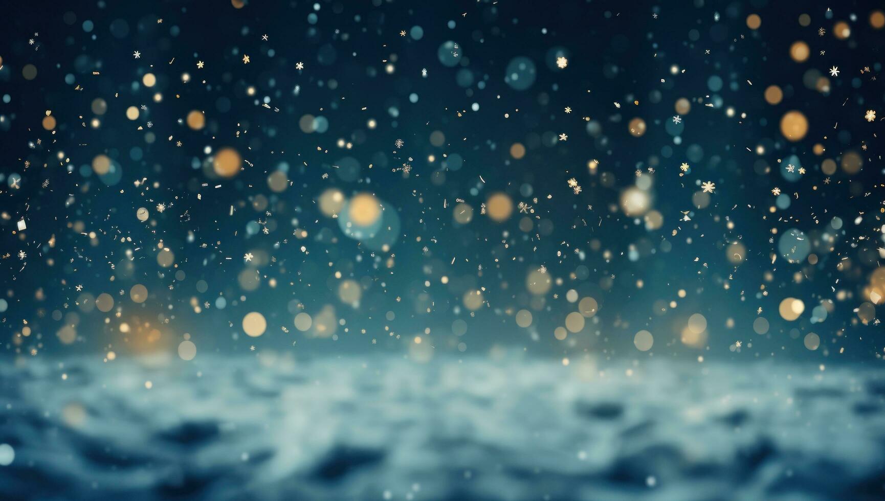 AI generated snow covered floor and snow falling across the night sky, photo