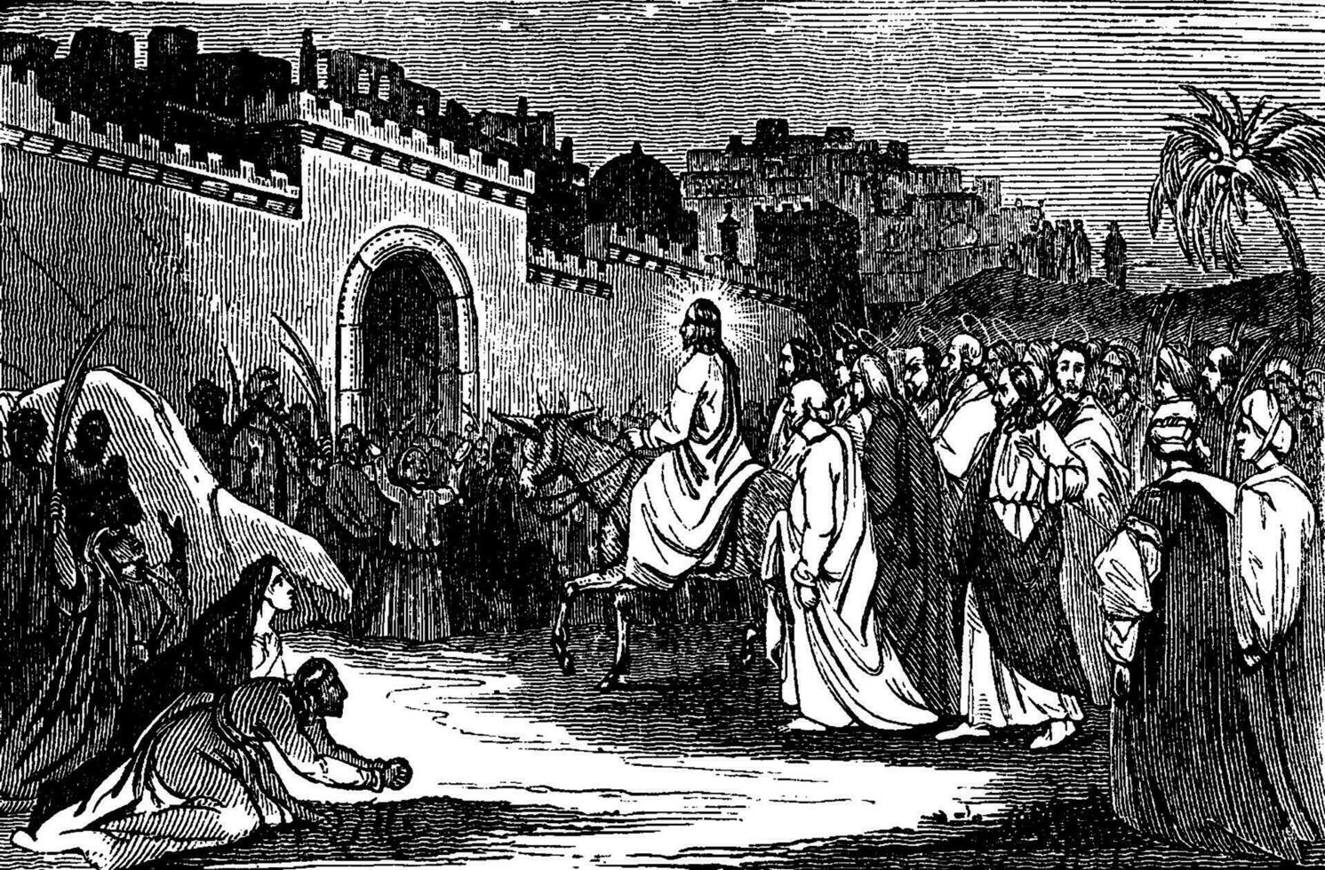 The Triumphal Entry of Jesus into Jerusalem vintage illustration. vector