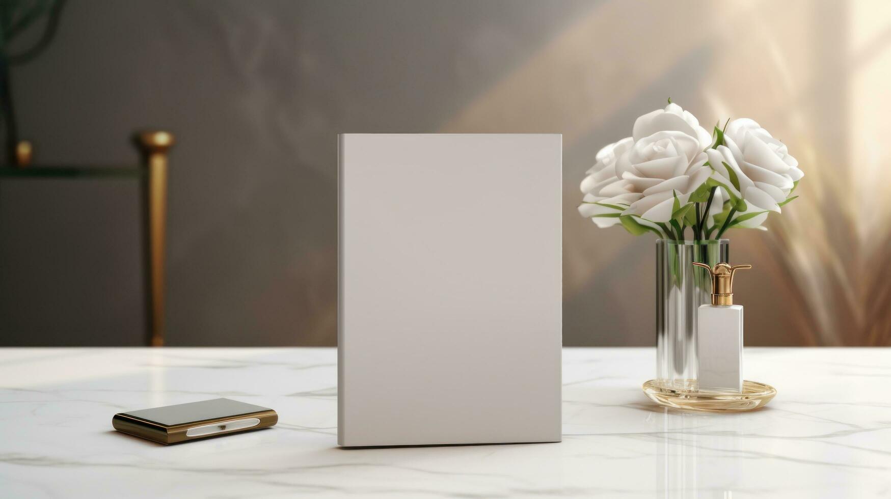 AI generated Notepad with blank front, realistic on a mockup template in a desk in a modern office, photo