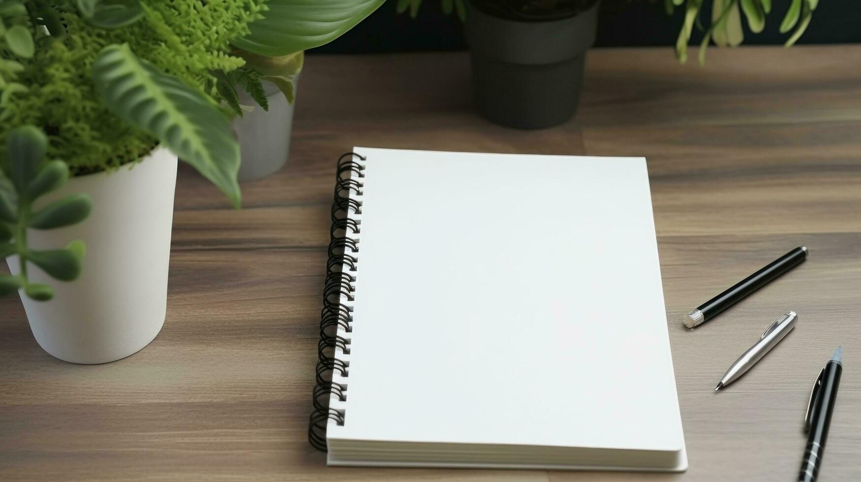 AI generated Notepad with blank front, realistic on a mockup template in a desk in a modern office, photo