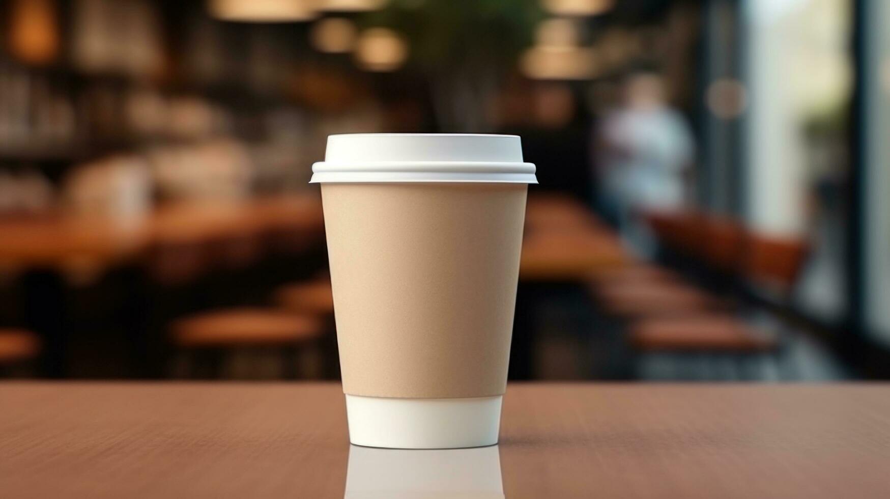 AI generated paper coffee cup with blank front, realistic on a mockup template in a luxury restaurant photo