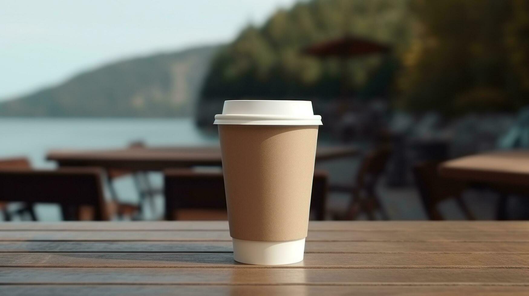 AI generated paper coffee cup with blank front, realistic on a mockup template in a luxury restaurant, photo