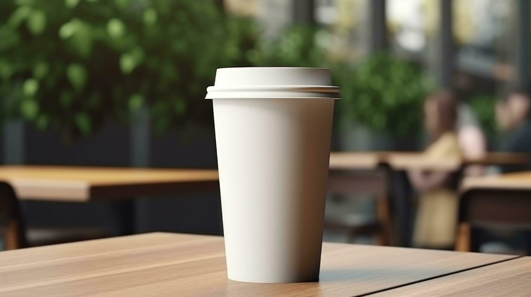 AI generated paper coffee cup with blank front, realistic on a mockup template in a luxury restaurant, photo
