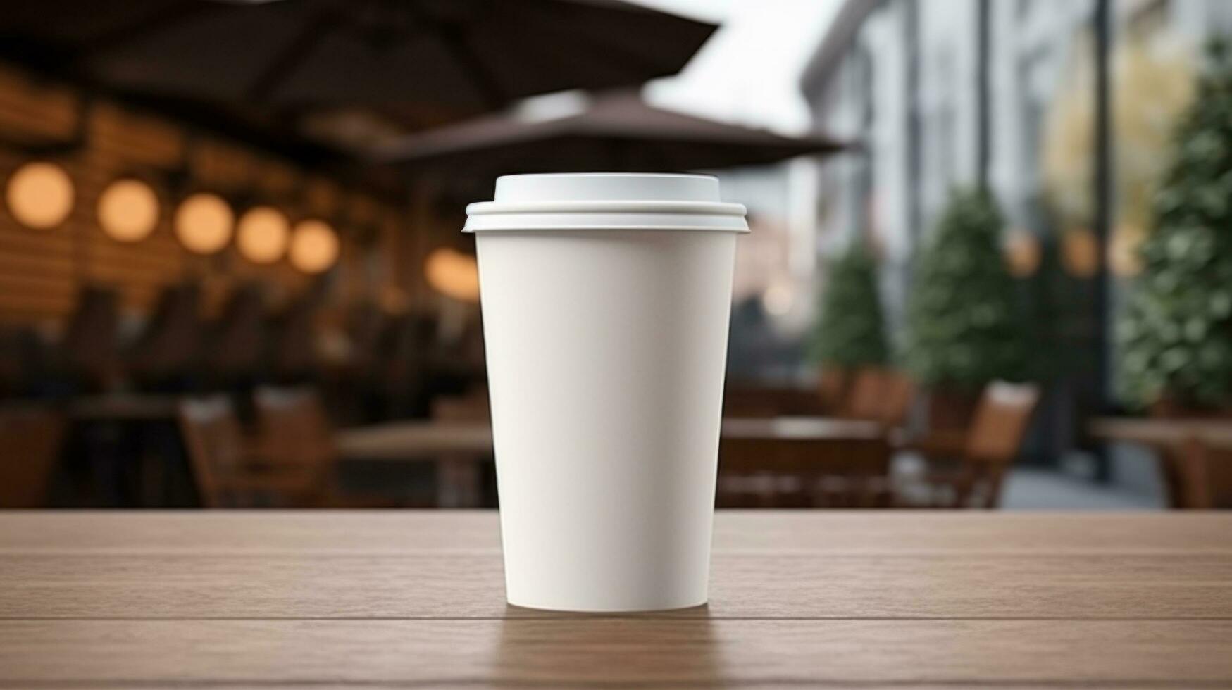 AI generated paper coffee cup with blank front, realistic on a mockup template in a luxury restaurant photo