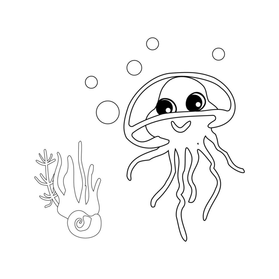 colorante libro alegre Medusa con burbujas y algas en el océano. vector