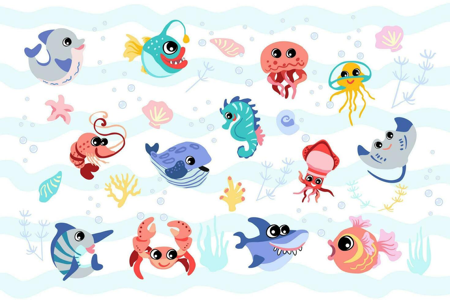 Set with hand drawn marine life elements. vector