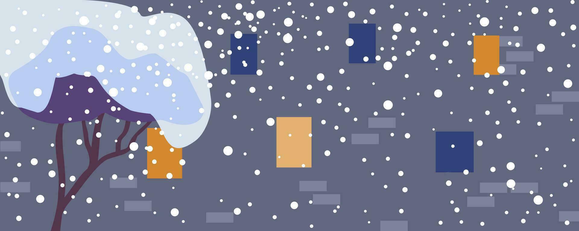 House with bright windows on a winter night with snow. Vector illustration