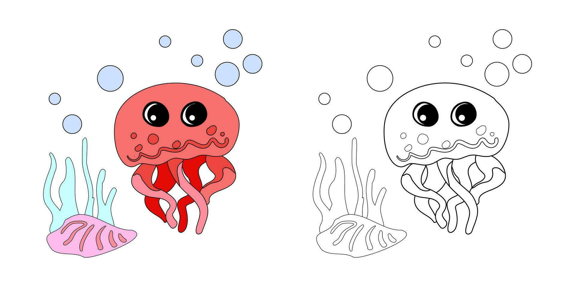 Coloring book Cute octopus with shells, bubbles and algae in the ocean. vector