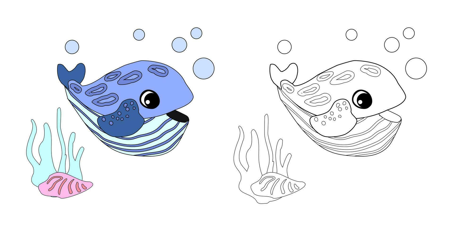 Striped whale with shells, bubbles and algae in the ocean. For posters, prints on clothes. vector