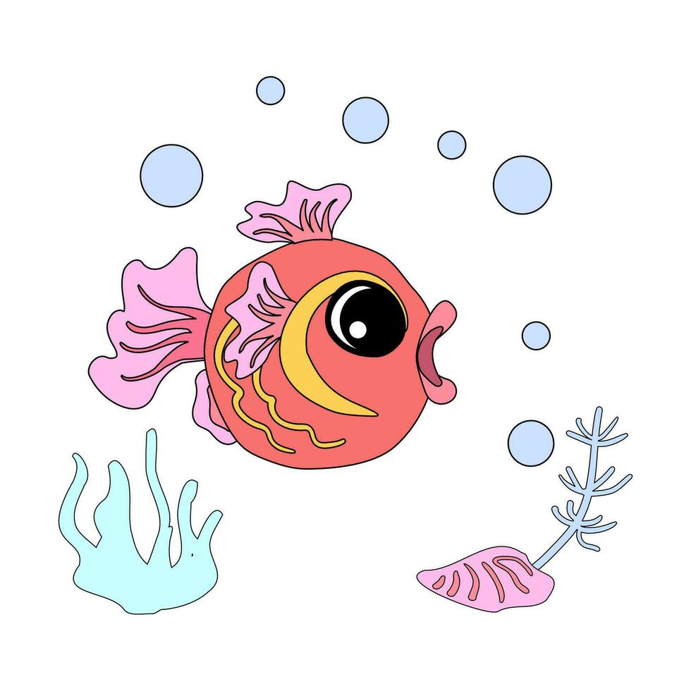 Goldfish with shells, bubbles and algae in the ocean. For posters, prints on clothes. vector