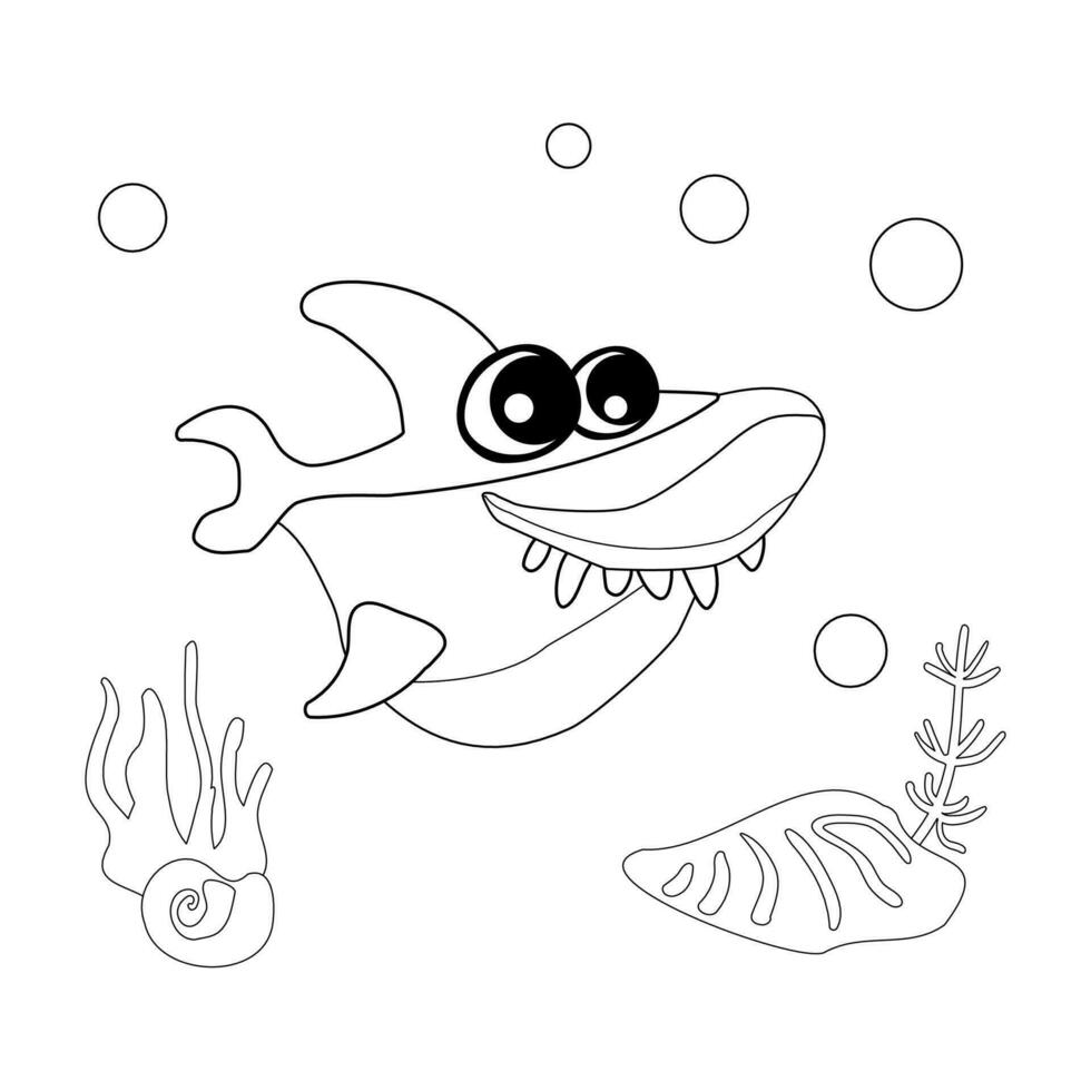 Coloring book Cute shark with shells, bubbles and algae in the ocean. vector