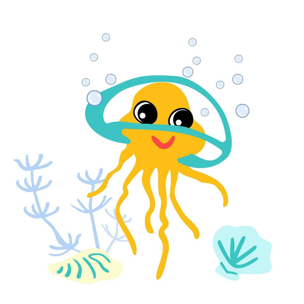 Cute transparent jellyfish with bubbles, seashells and seaweed underwater. Marine life character. Hand drawing vector