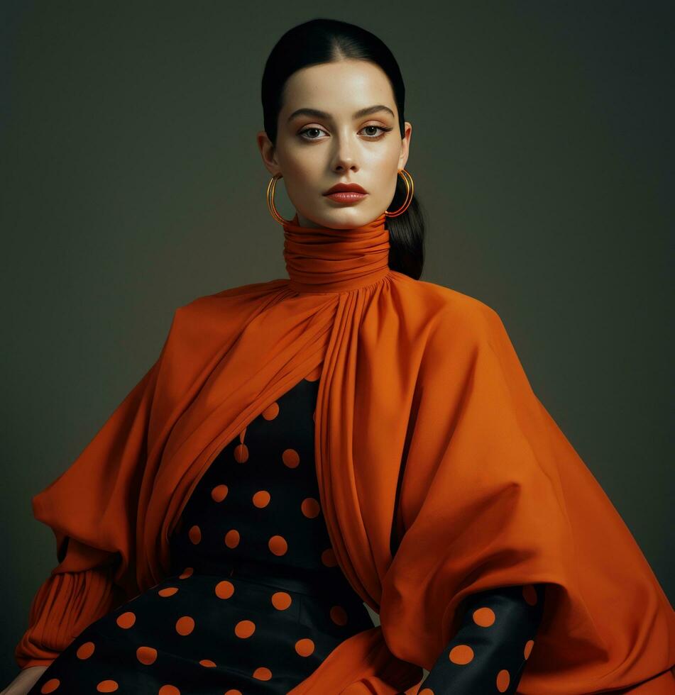 AI generated model wears an orange polka dot sweater, photo