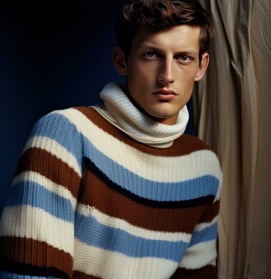 AI generated model in a multi colored yarn striped turtle neck sweater, photo