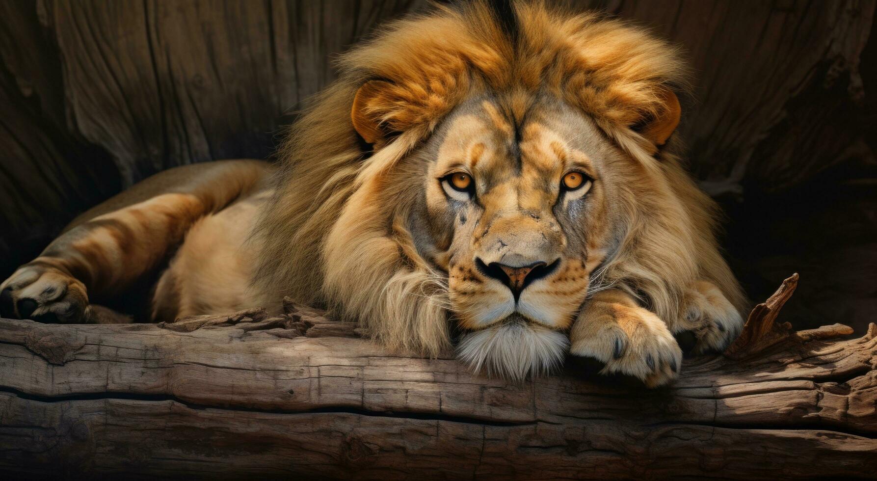 AI generated lion laying down on a log, photo