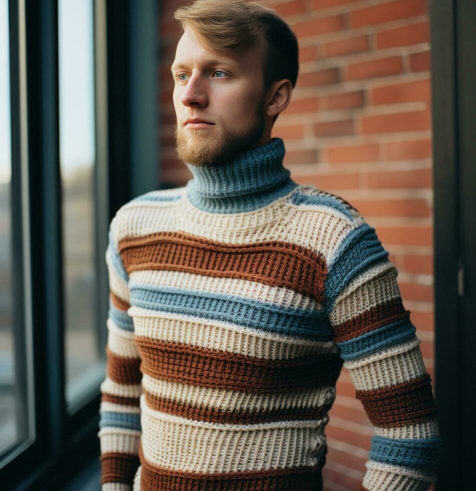 AI generated model in a multi colored yarn striped turtle neck sweater, photo