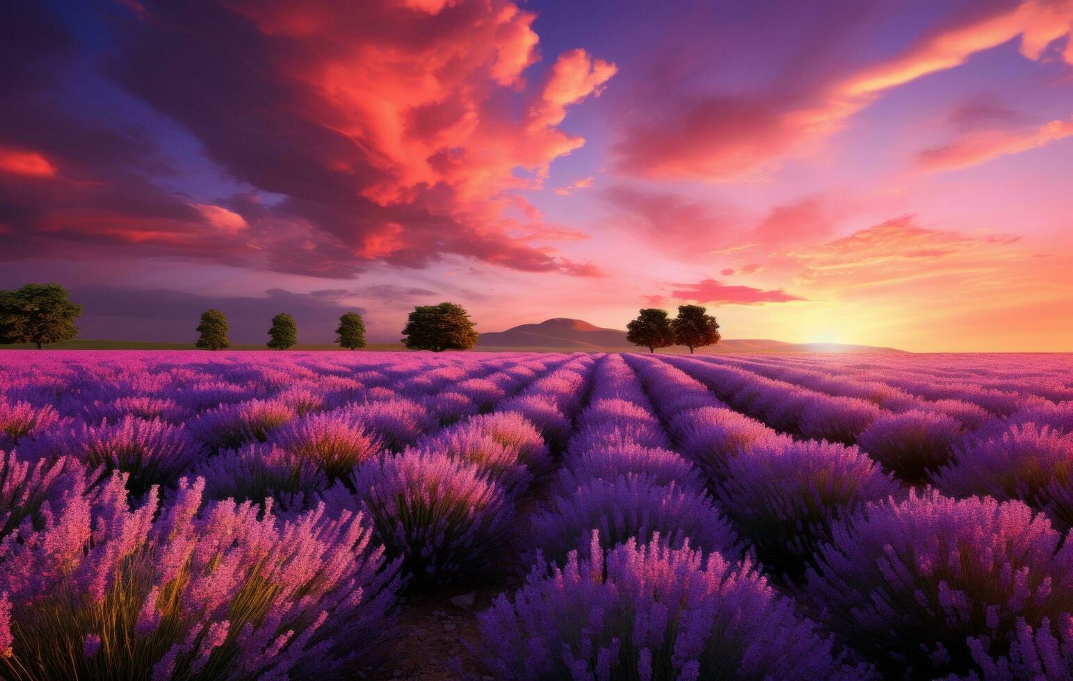 AI generated lavender field landscape in a beautiful sunset photo