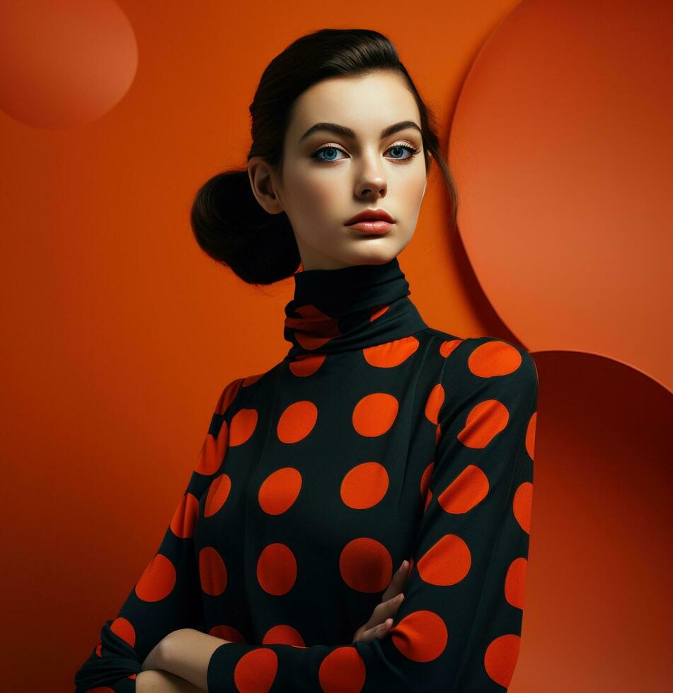 AI generated model wears an orange polka dot sweater, photo