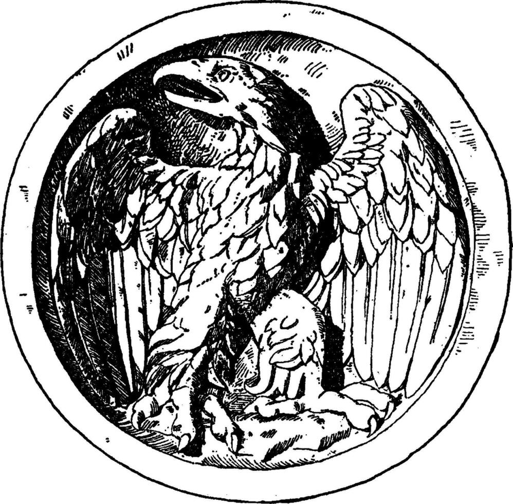 joven águila es mostrado en un escutella o plato durante el romano veces, Clásico grabado. vector