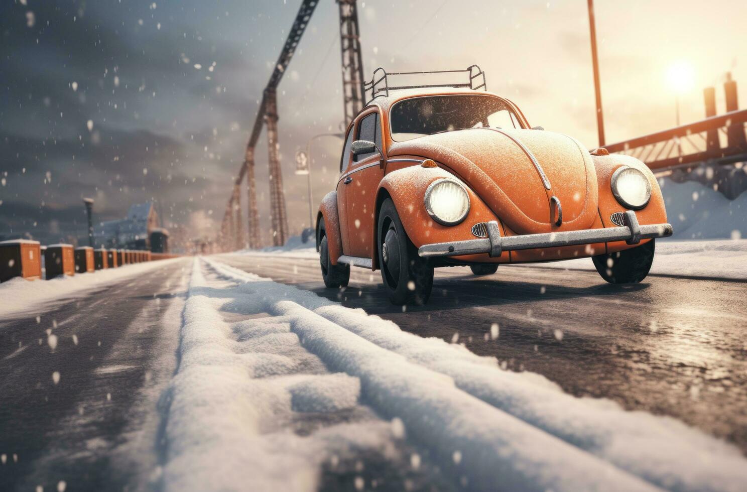 AI generated image of automobile driving a snowy street, photo