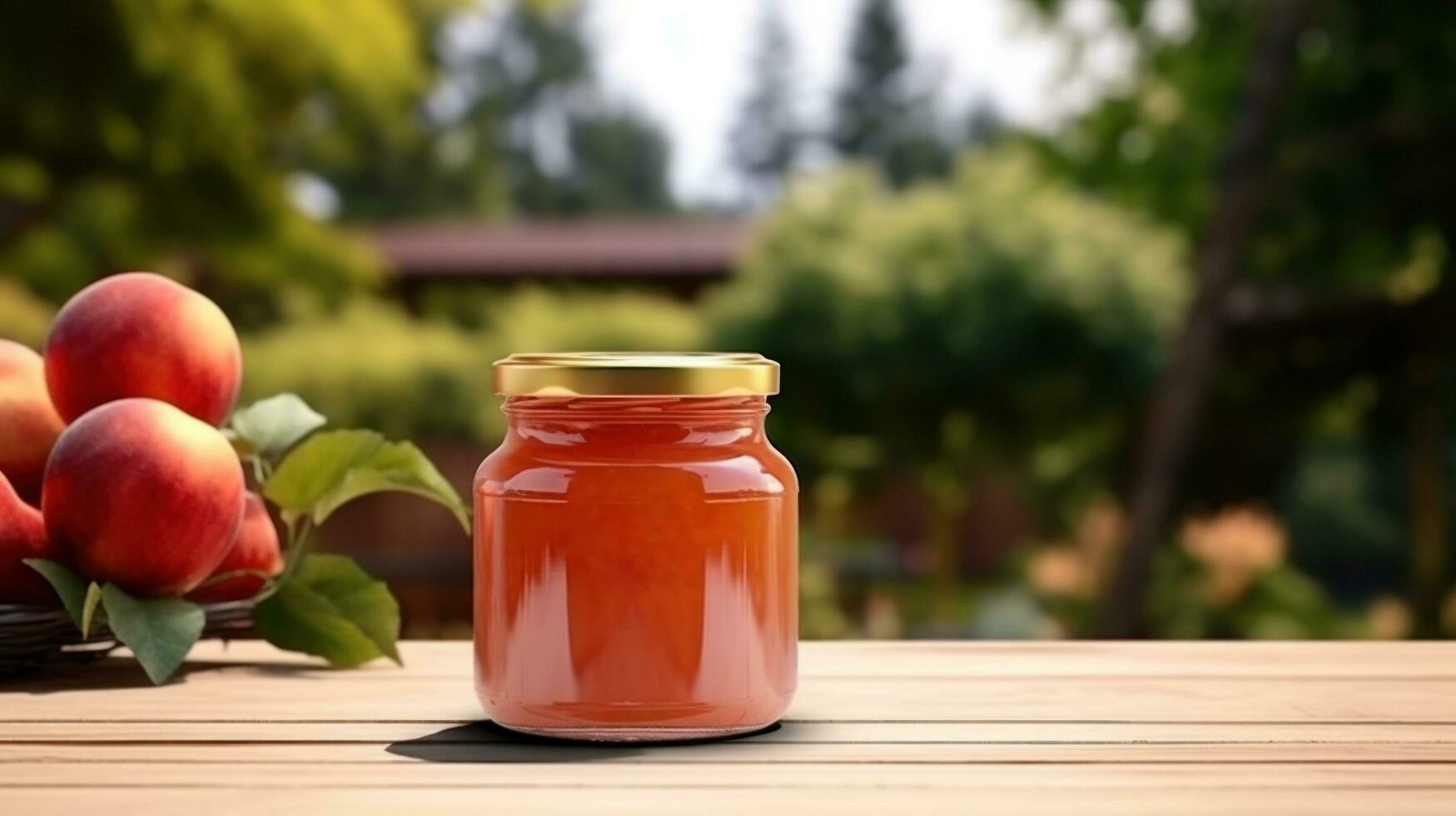 AI generated jar of appple jam with blank front realistic on a mockup template in a wooden table in a summer garden photo