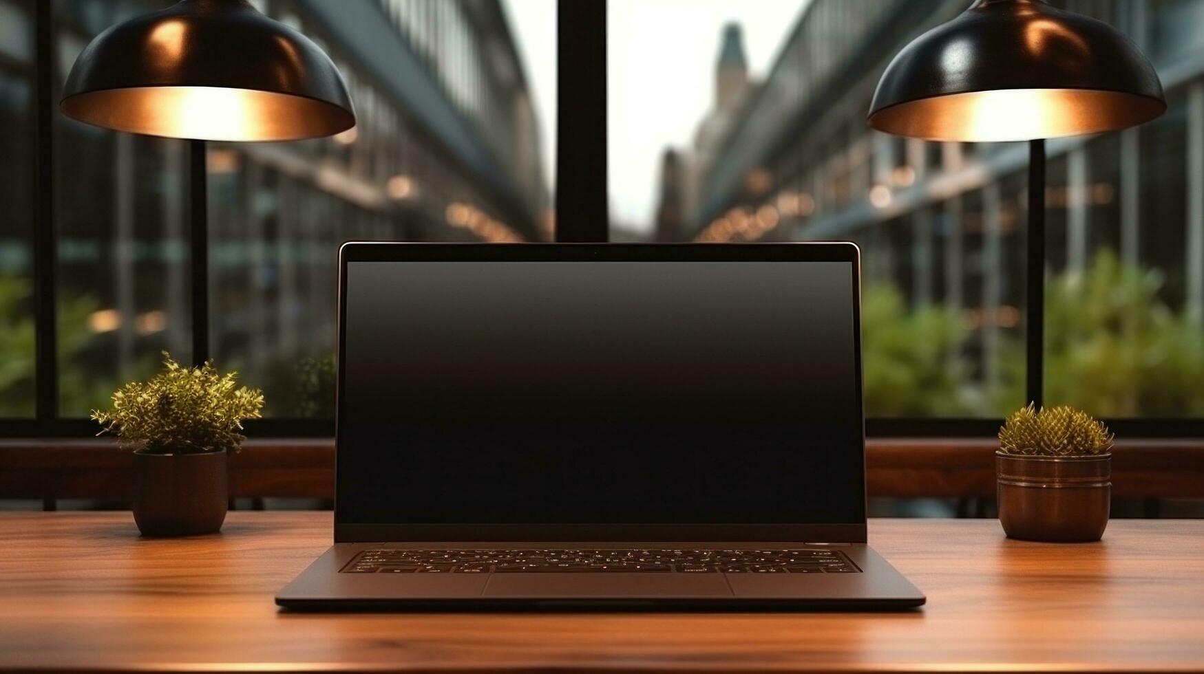 ai generado ordenador portátil con blanco frente, realista en un Bosquejo modelo en un mesa en un lujo oficina, foto