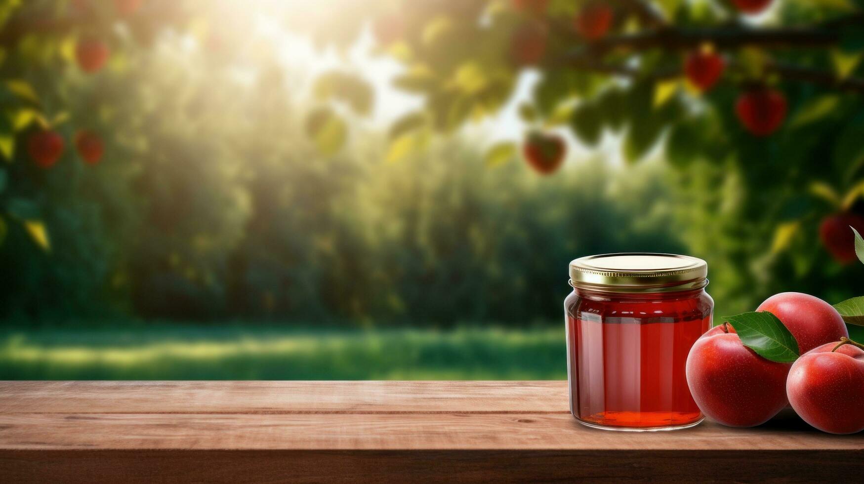 AI generated jar of appple jam with blank front realistic on a mockup template in a wooden table in a summer garden photo