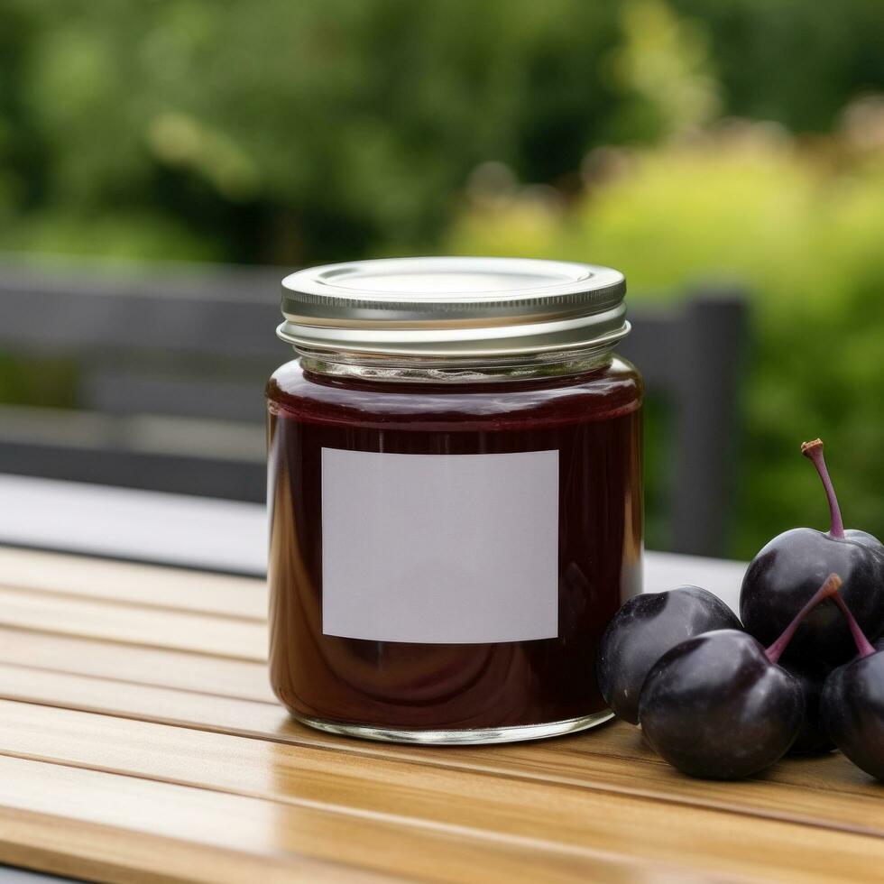 AI generated jar of plum jam with blank front realistic on a mockup template in a wooden table in a summer garden with plum trees, photo