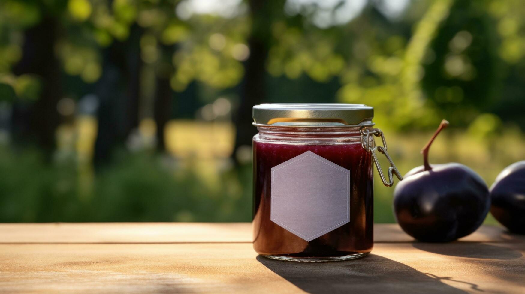 AI generated jar of plum jam with blank front realistic on a mockup template in a wooden table in a summer garden with plum trees, photo