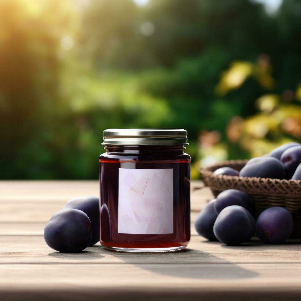 AI generated jar of plum jam with blank front realistic on a mockup template in a wooden table in a summer garden with plum trees, photo