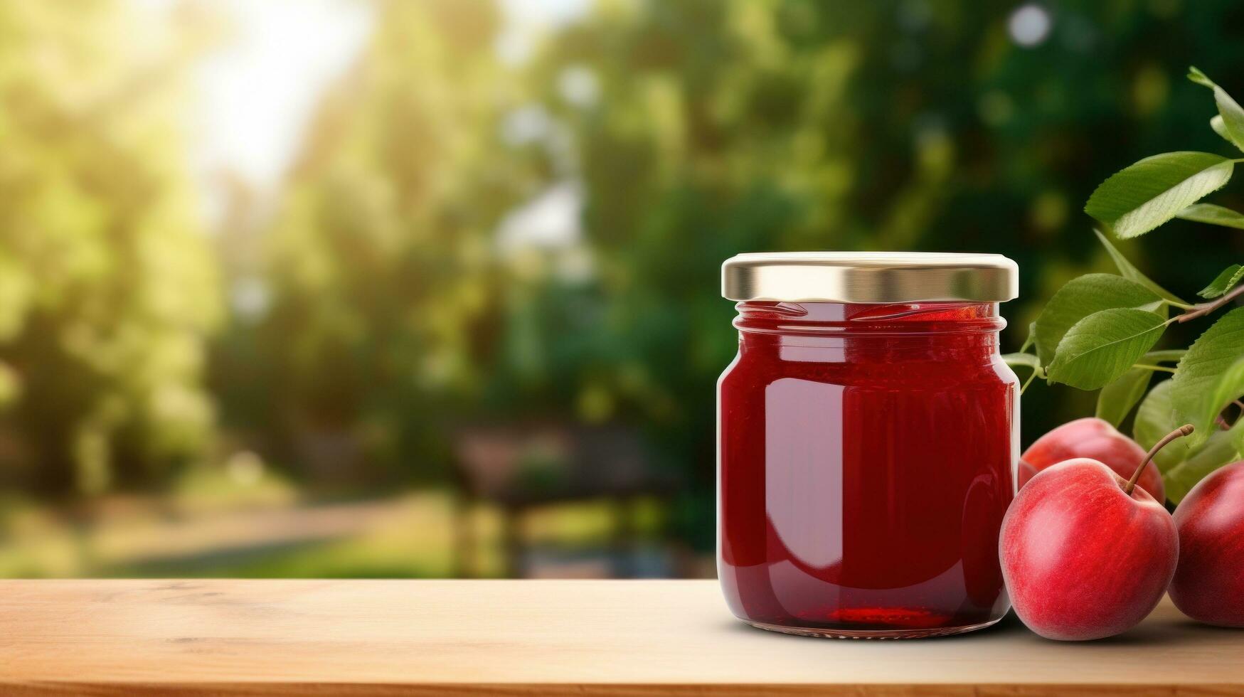 ai generado tarro de appple mermelada con blanco frente realista en un Bosquejo modelo en un de madera mesa en un verano jardín foto