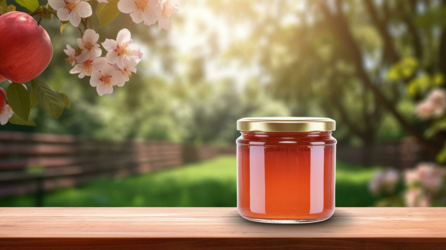 AI generated jar of appple jam with blank front realistic on a mockup template in a wooden table in a summer garden photo