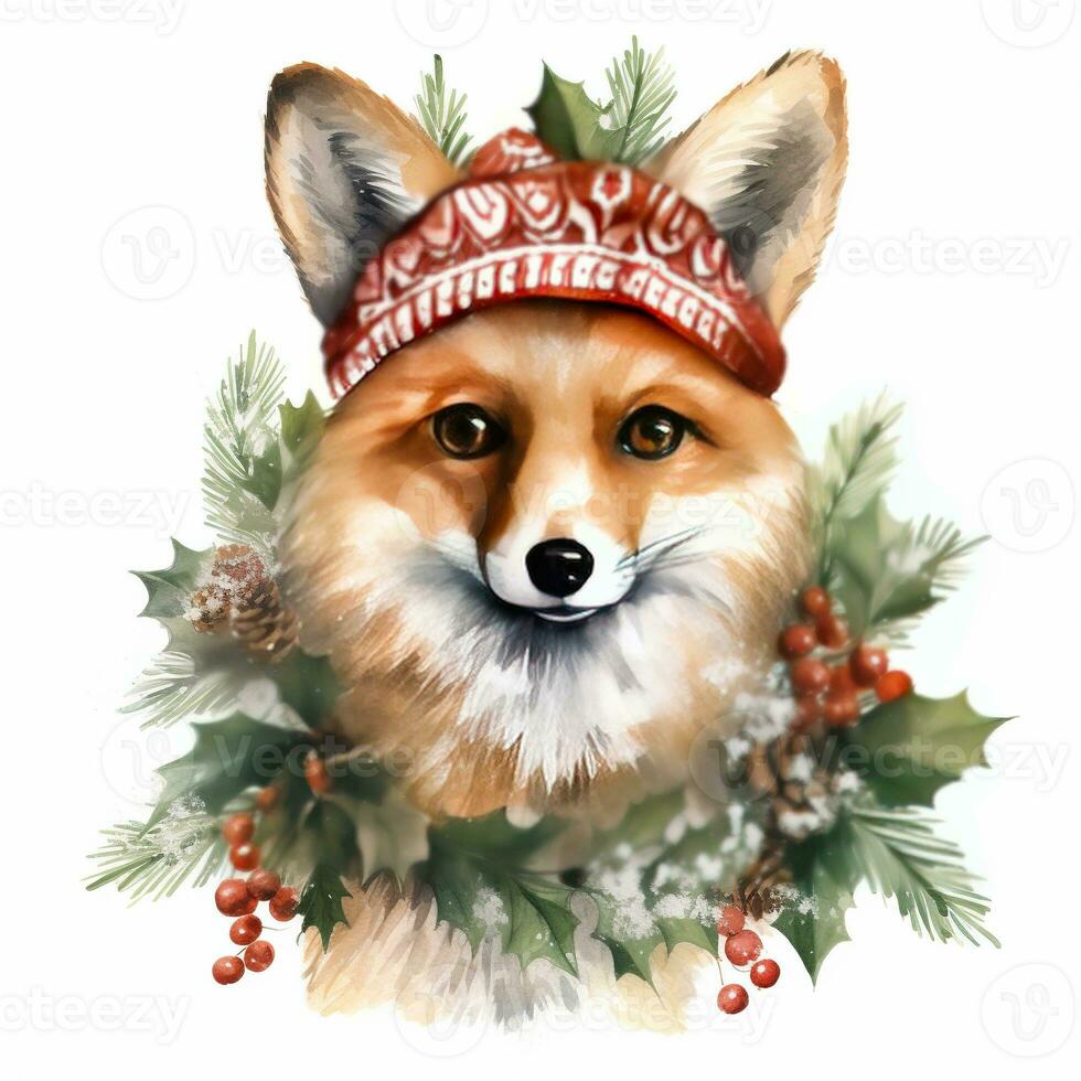 AI generated Generative AI, cute wild fox animal, Christmas hat and ugly sweaters, watercolor style. photo