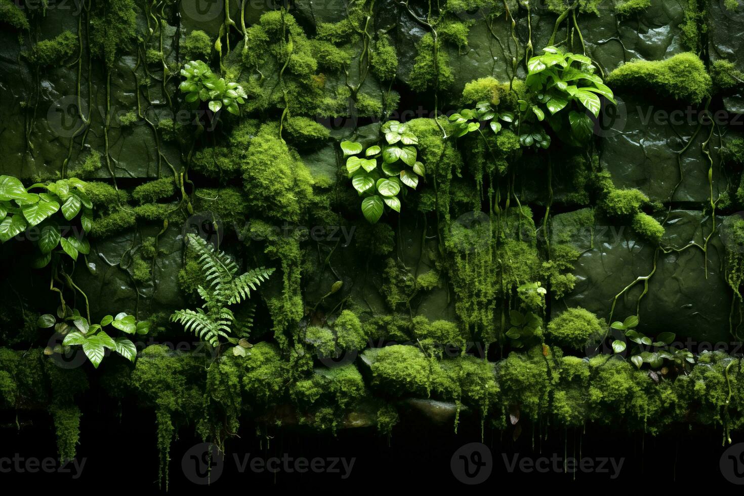 ai generado natural fondo, cubierto de musgo Roca pared textura con plantas foto