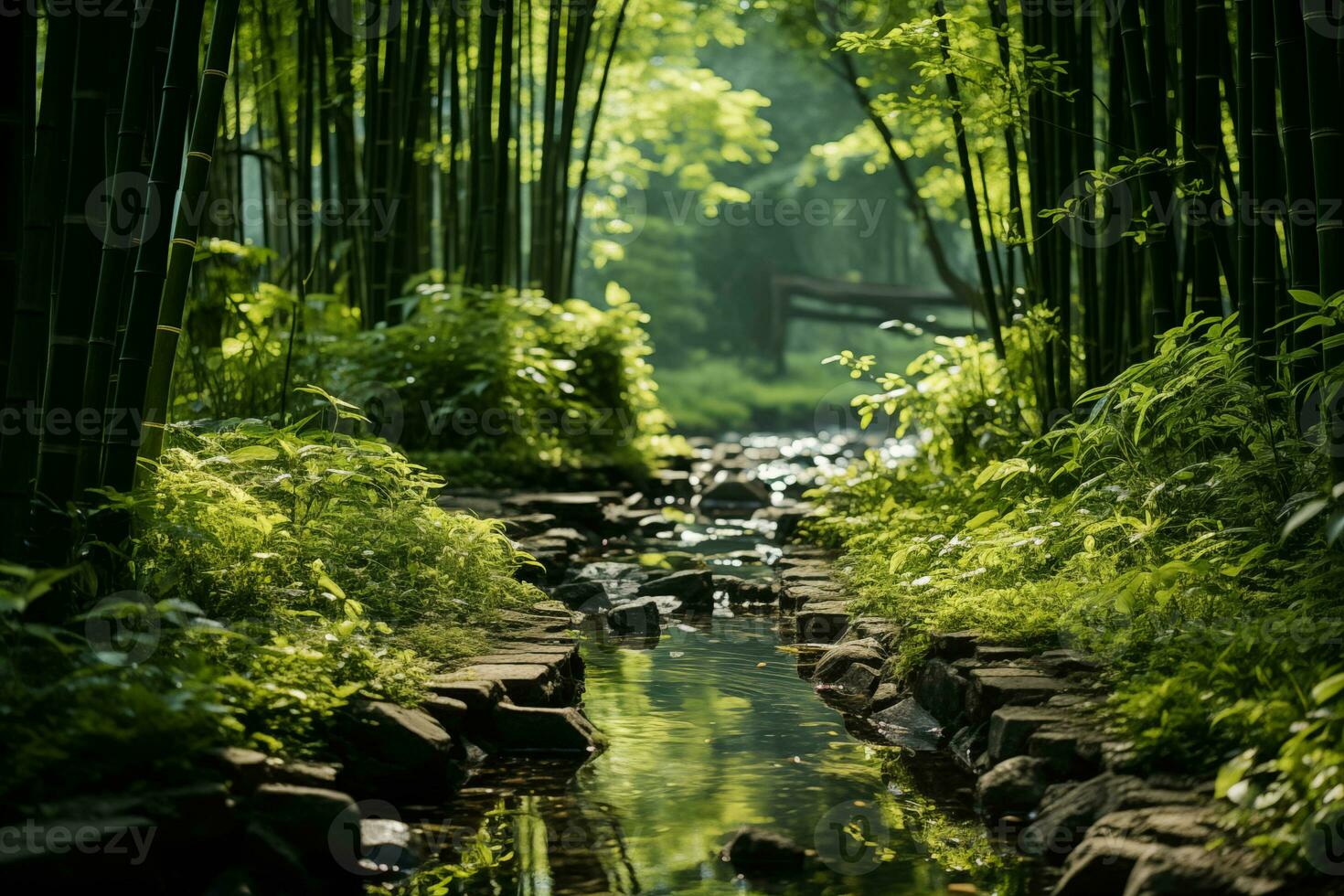 AI generated flowing water in a bamboo grove, japanese style garden photo