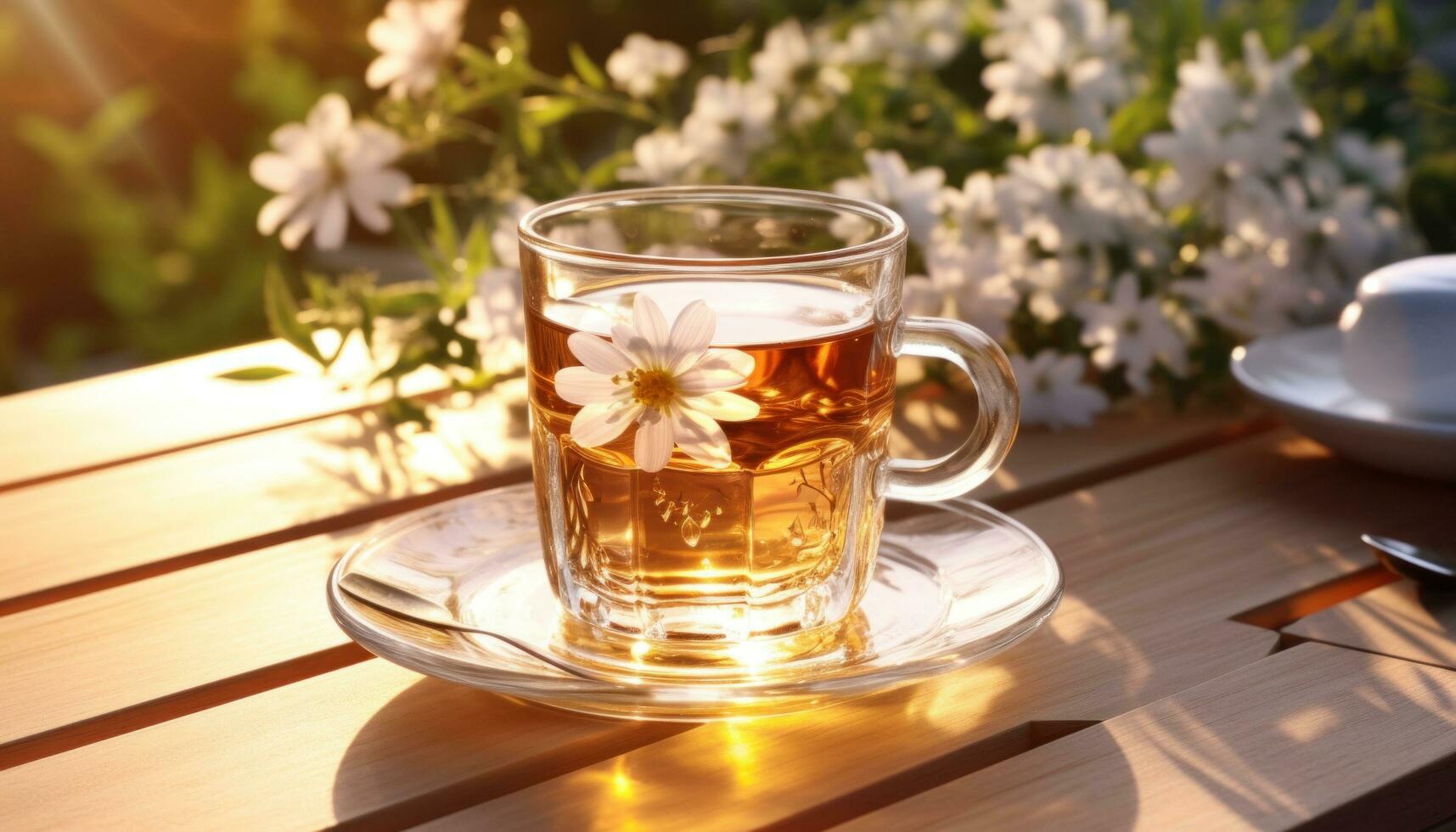 AI generated glass tea with flowers on wooden table, photo
