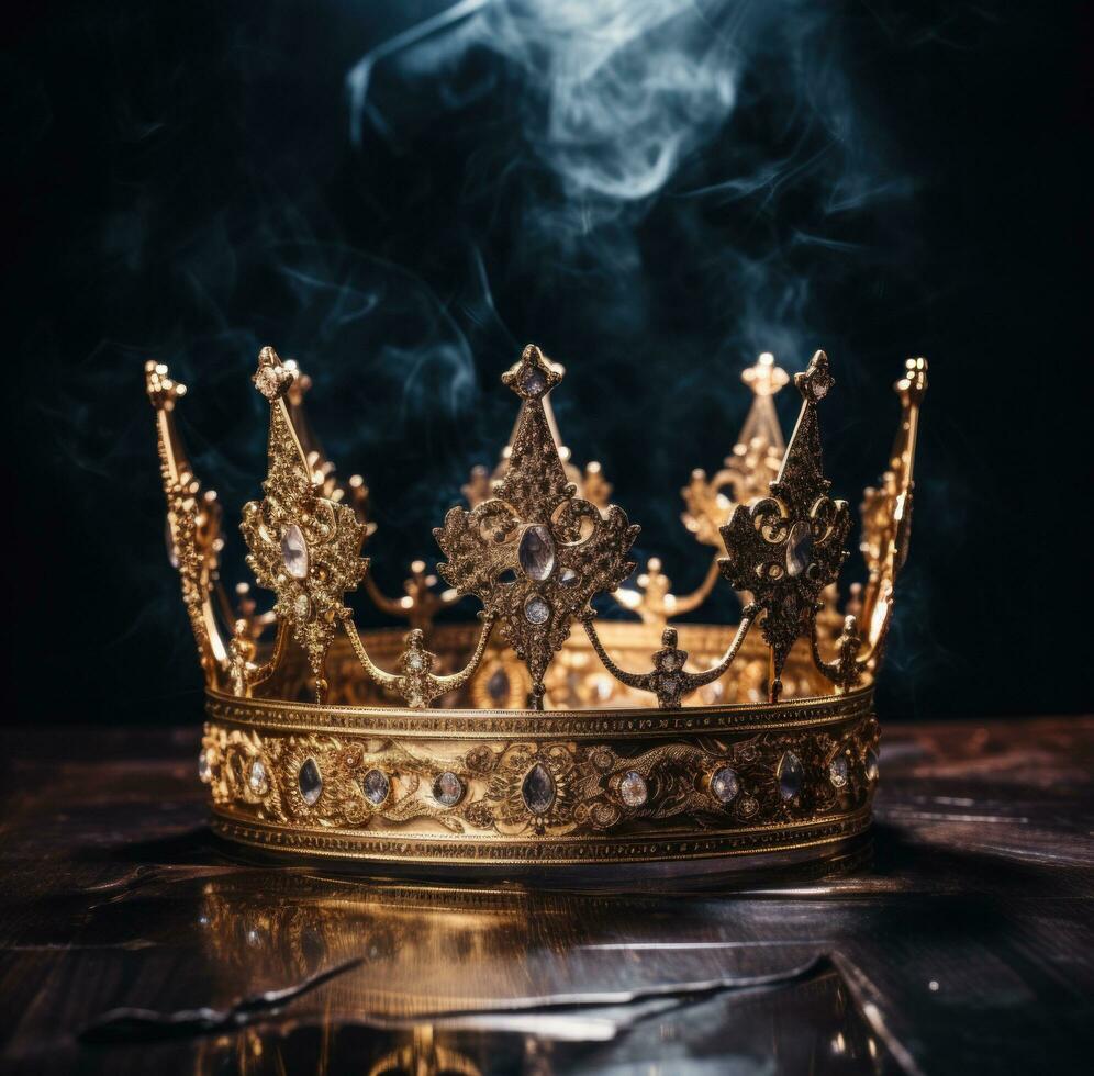 AI generated gold crown with golden glitter, on black background, photo