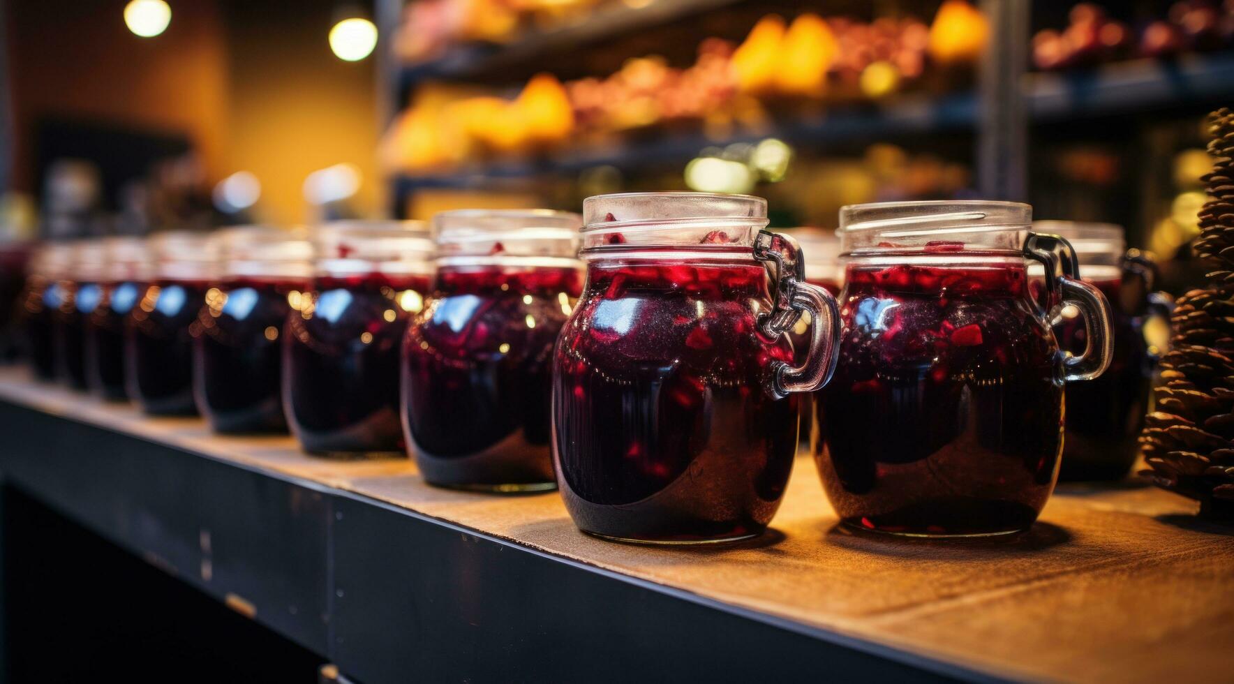 AI generated glasses of hot spiced winter fruit soup at the ice market, photo