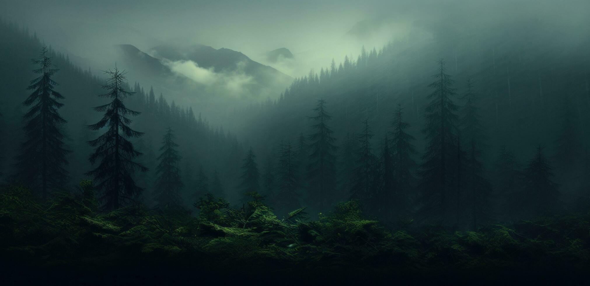 AI generated fog covers a mountain in a forest, photo