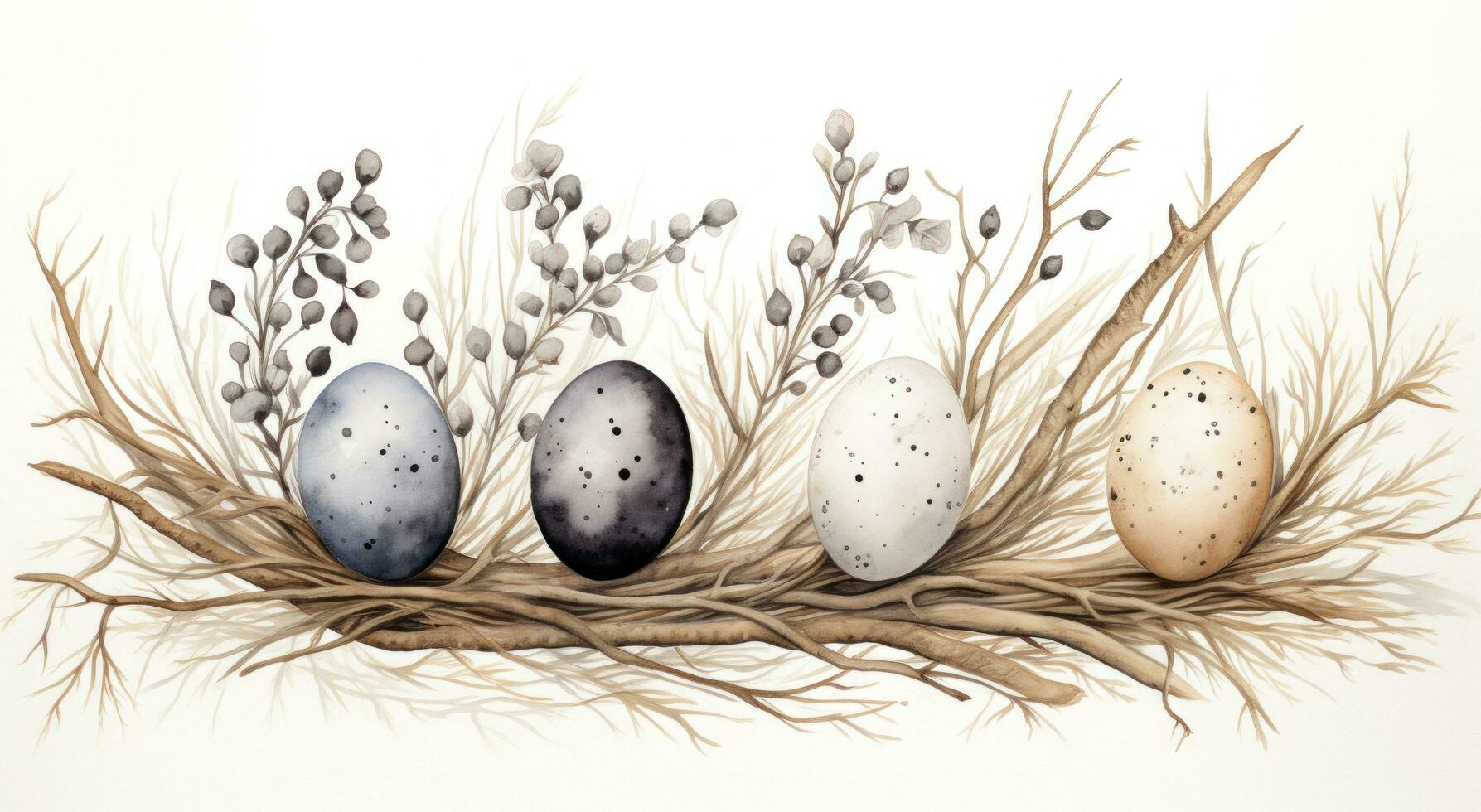 AI generated five eggs in a nest of twigs, photo