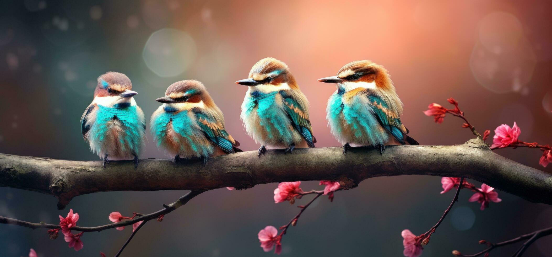 AI generated four colorful birds sitting on a branch with pink flowers photo