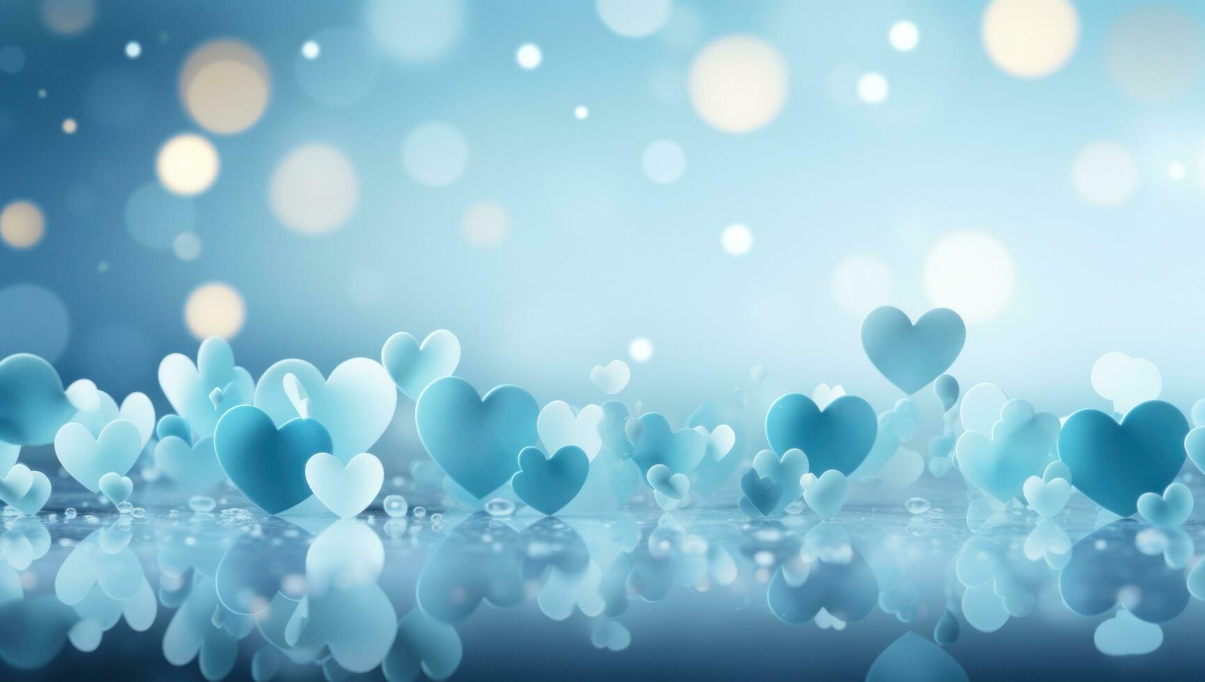 AI generated cute hearts are reflected in the blue background, photo