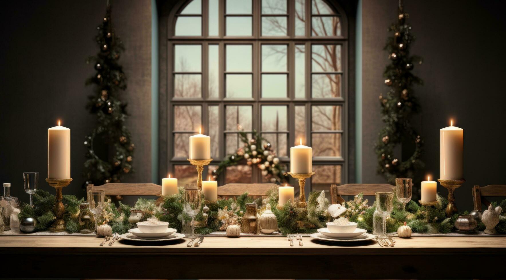 AI generated dinner table with candles and christmas decorations, photo