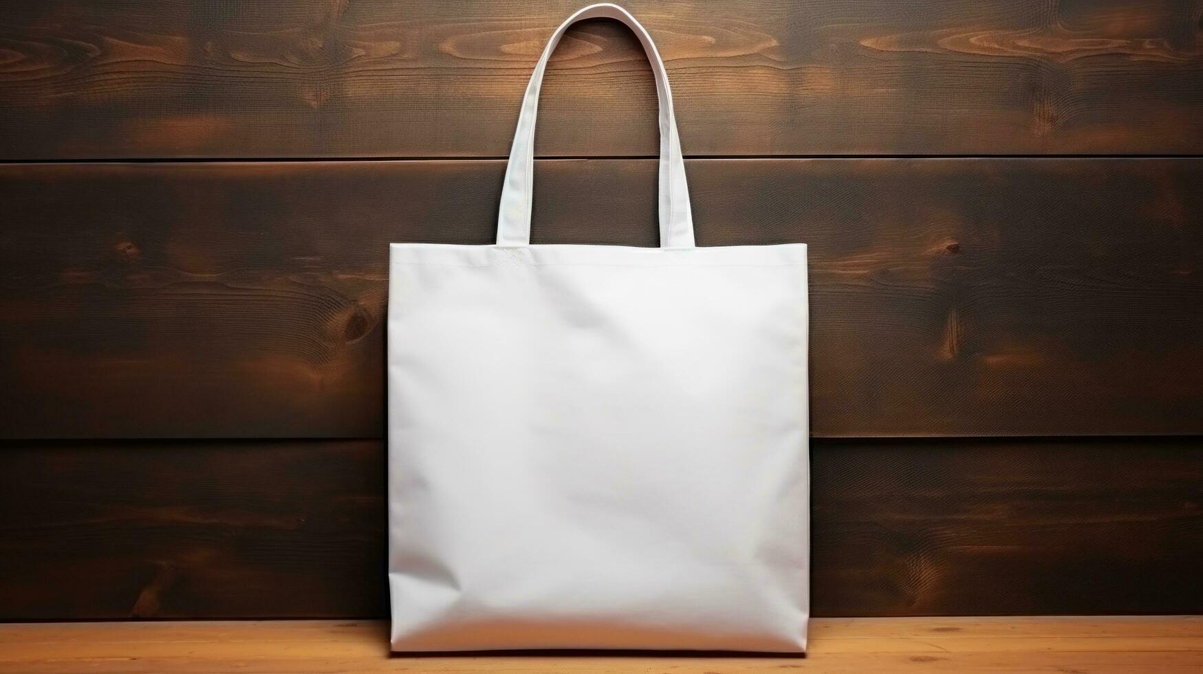 AI generated Cotton white plain tote bag ith blank front, realistic on a mockup template in a wooden table photo