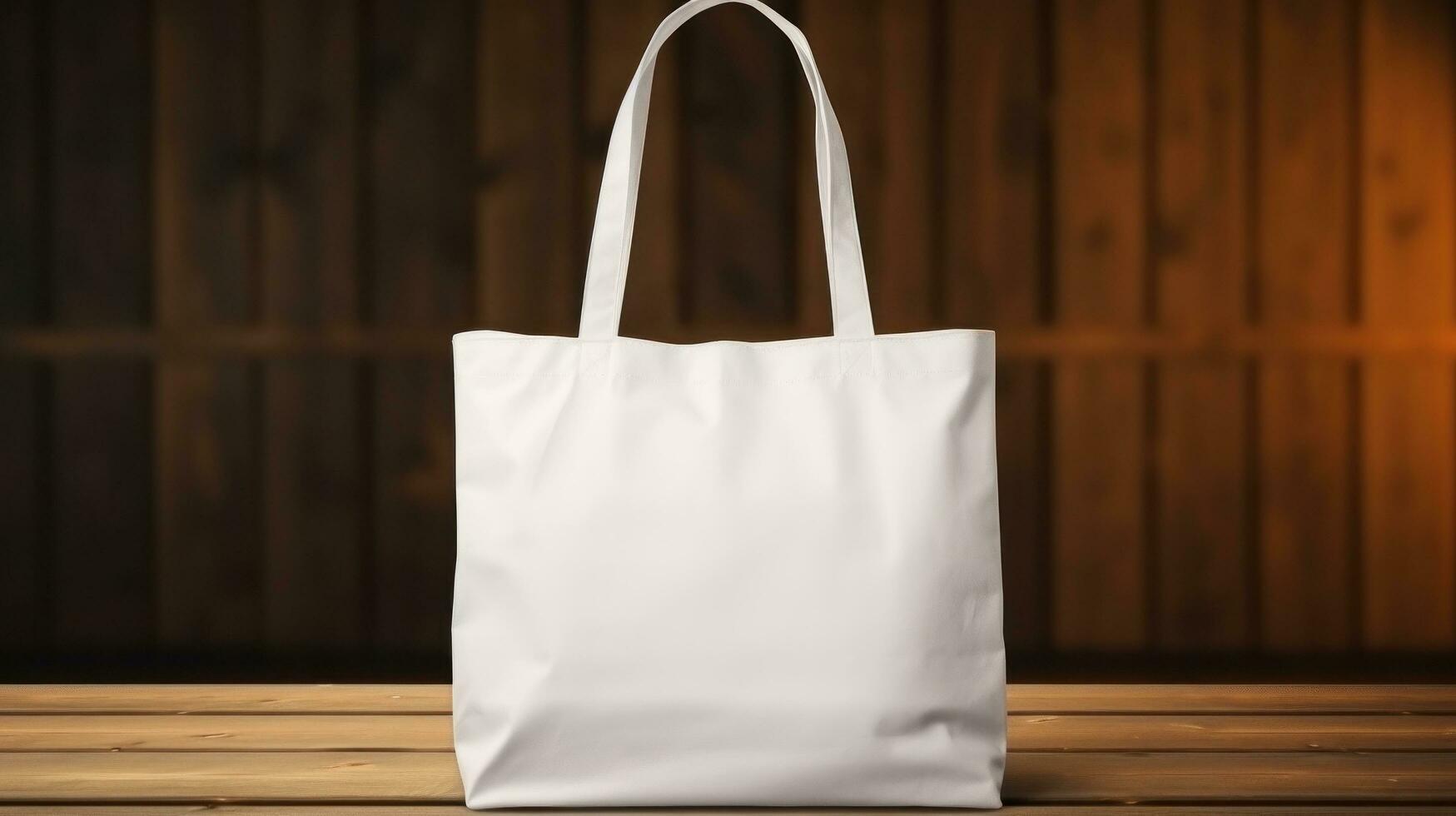 AI generated Cotton white plain tote bag ith blank front, realistic on a mockup template in a wooden table photo