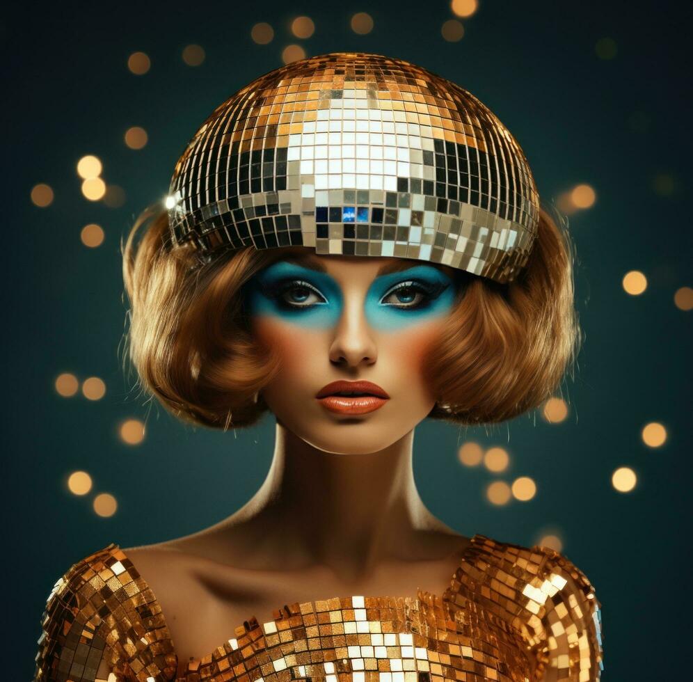 AI generated elegant photo shoot in a disco head costume,