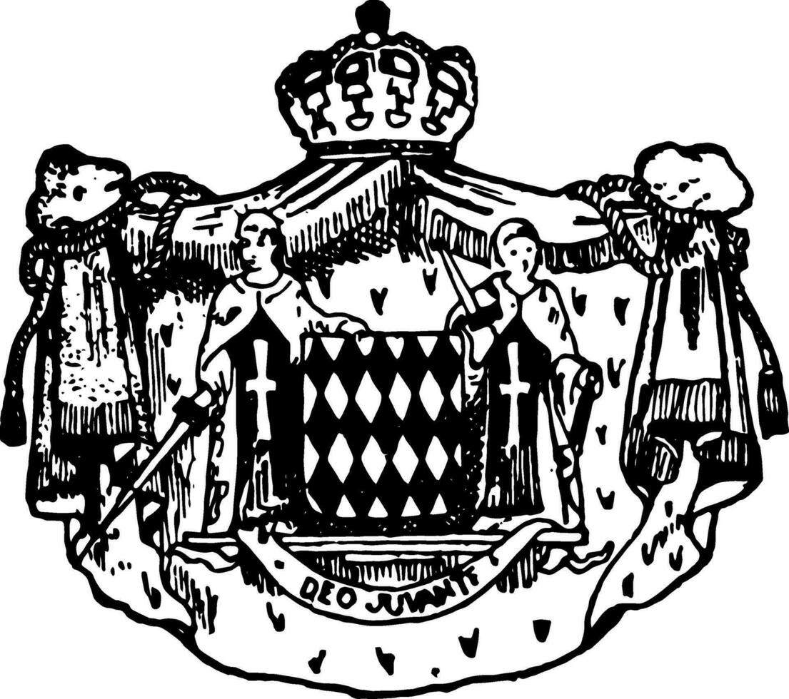 Monaco Coat of Arms is a king and queen coat, vintage engraving. vector