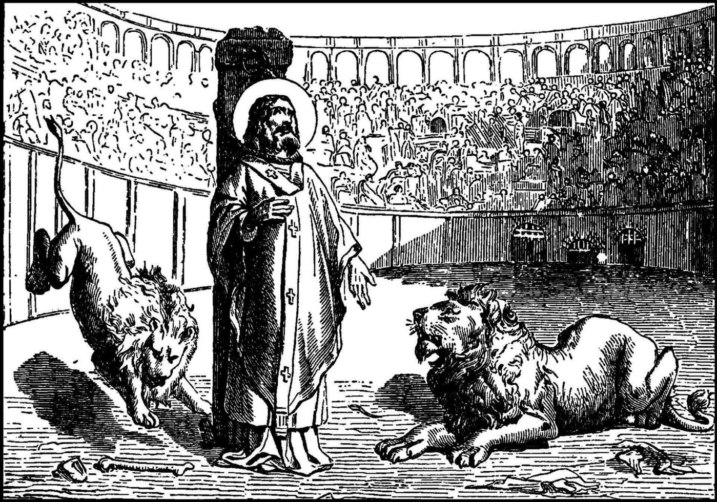 Ignatius of Antioch is Martyred by Being Fed to Lions vintage illustration. vector