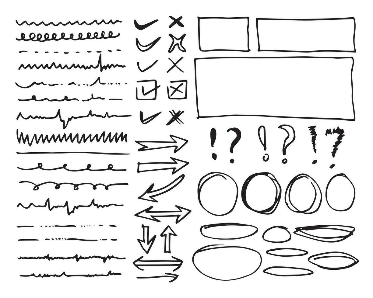 garabatear líneas vectoriales y curvas. Señales de flechas y cheques dibujados a mano. conjunto de líneas de garabatos simples, curvas, marcos y puntos. colección de efectos de lápiz. borde del garabato. conjunto de garabatos simples. vector